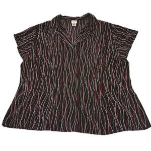 COVINGTON Womens 16/18W Career Casual Dots Stripes Button Short Sleeve Black Top